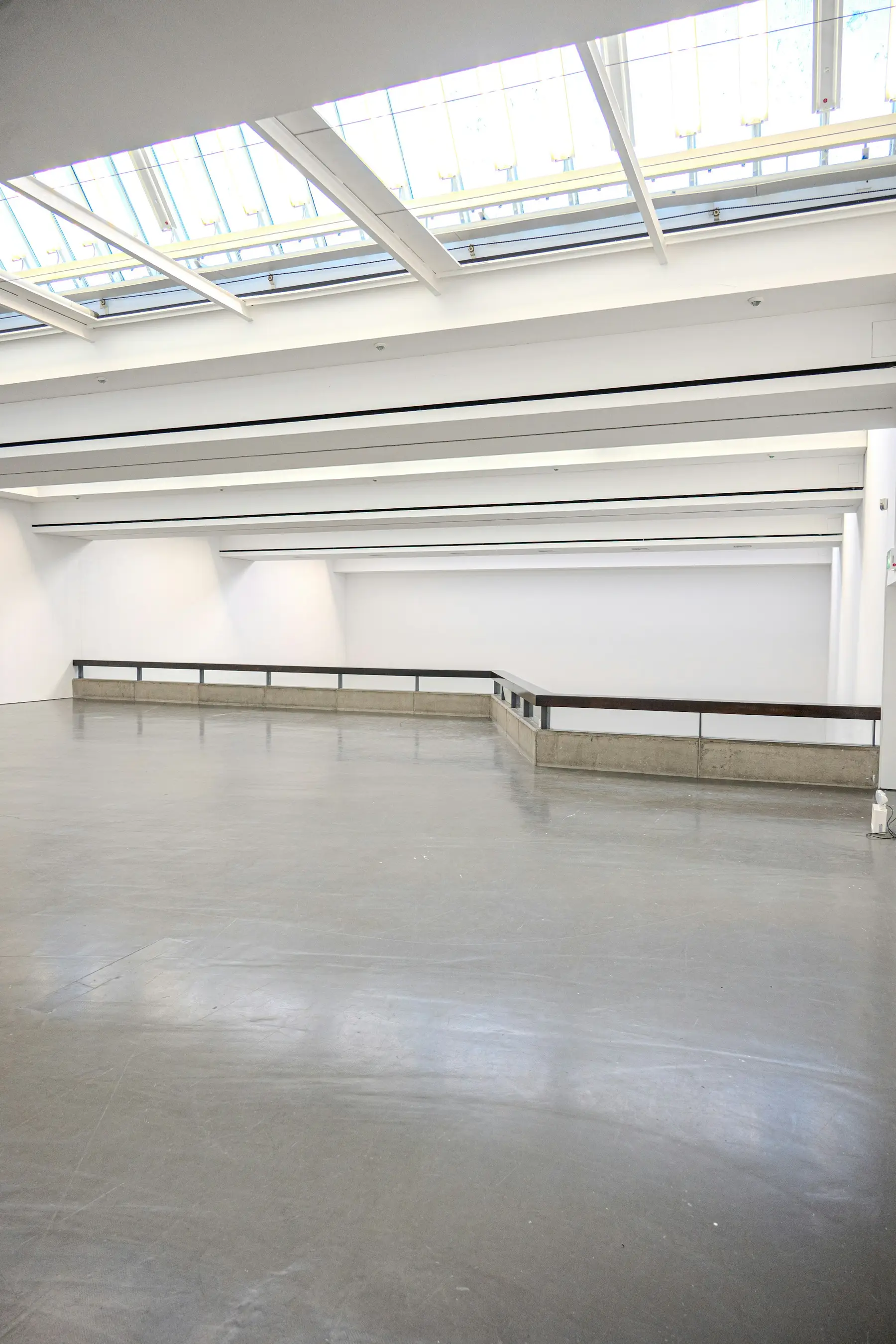 Sala espositiva luminosa con lucernari e pavimento in cemento