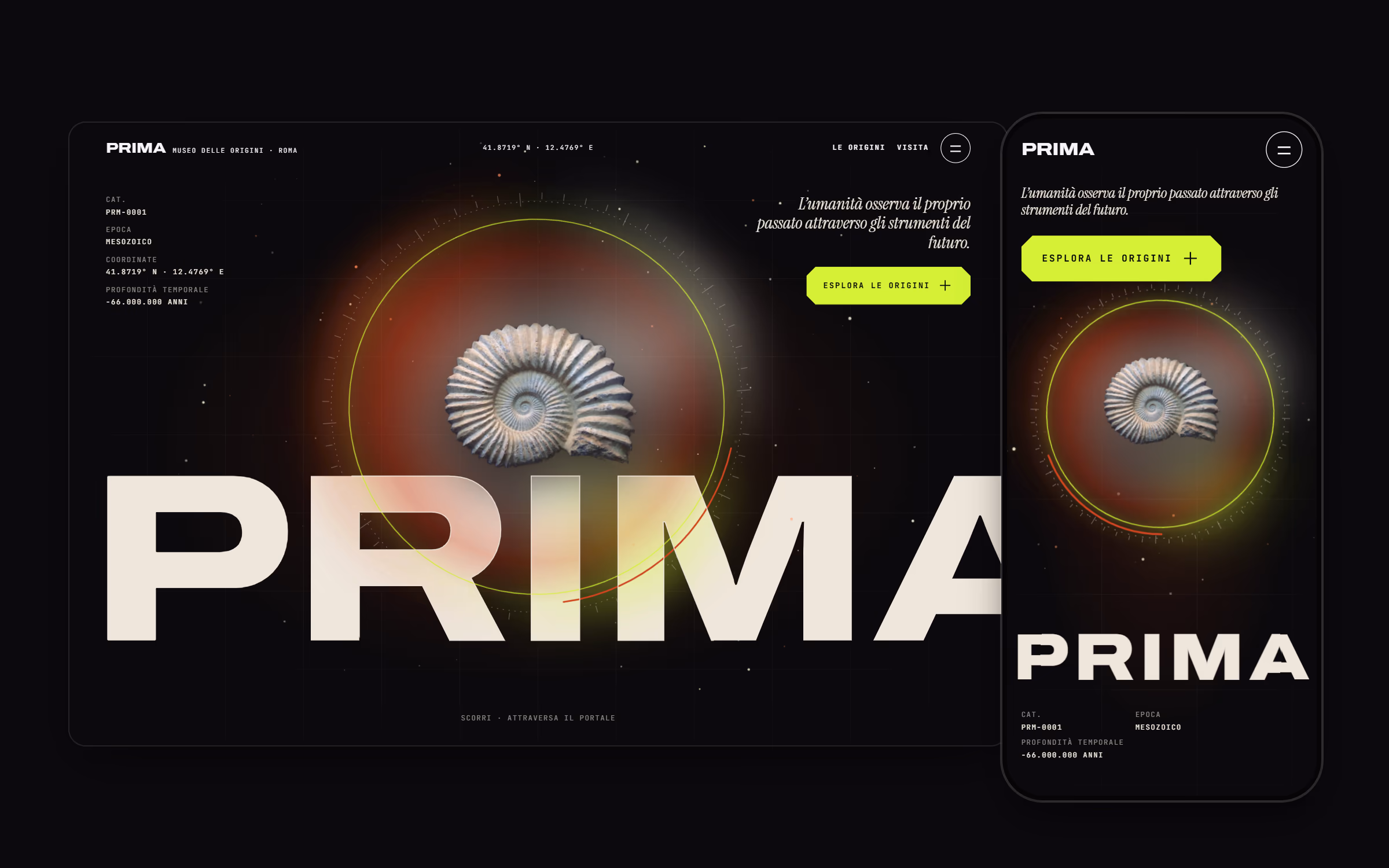 Homepage del sito concept del museo PRIMA su desktop e telefono