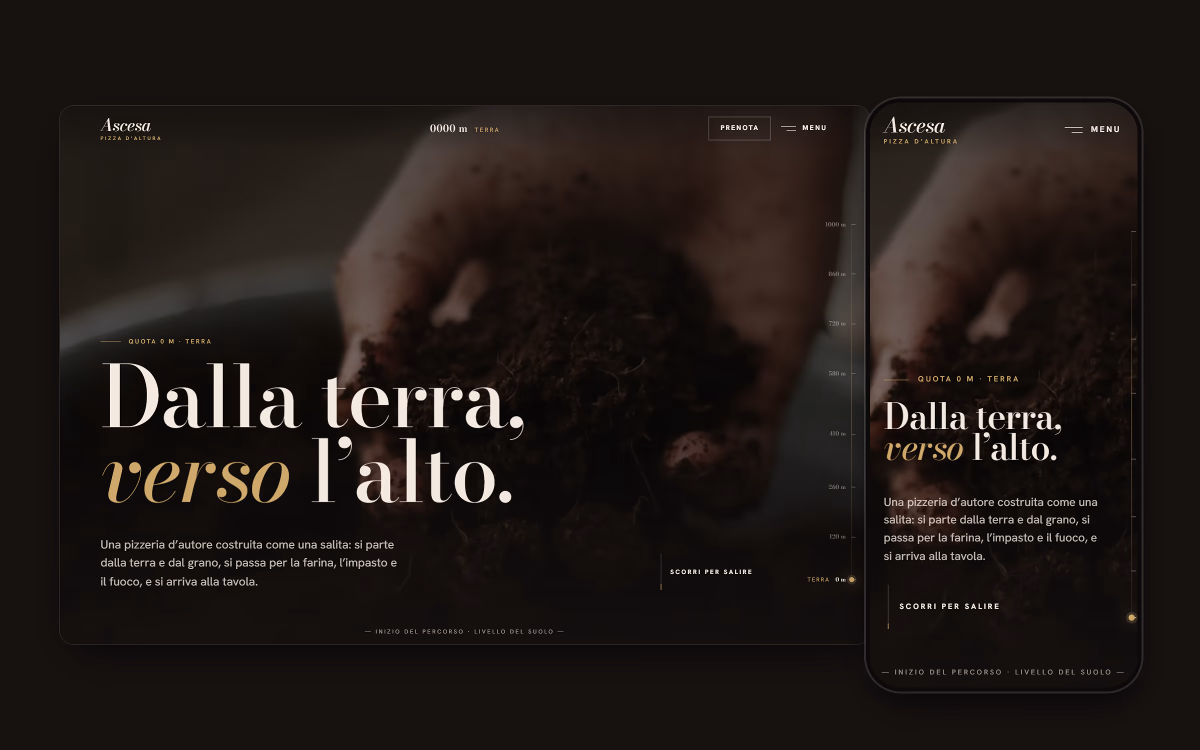 Homepage del sito concept per la pizzeria Ascesa su desktop e telefono