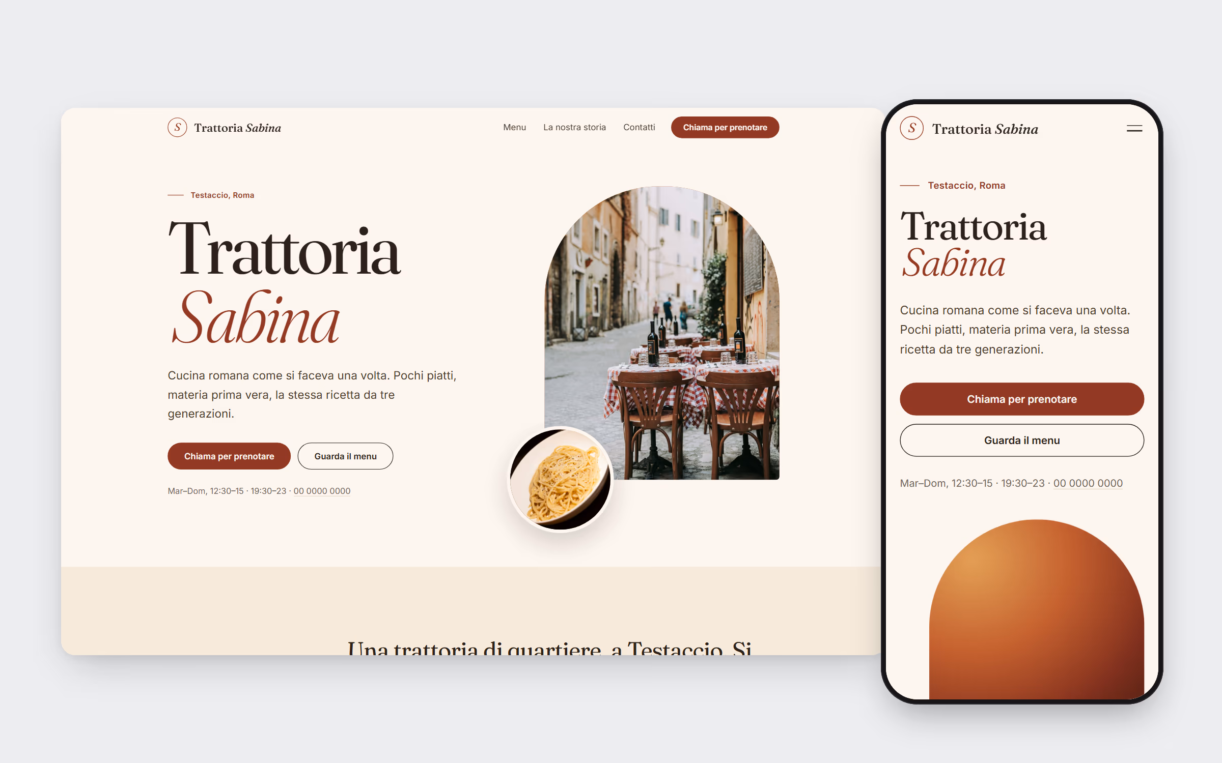 Homepage del sito concept per Trattoria Sabina su desktop e telefono
